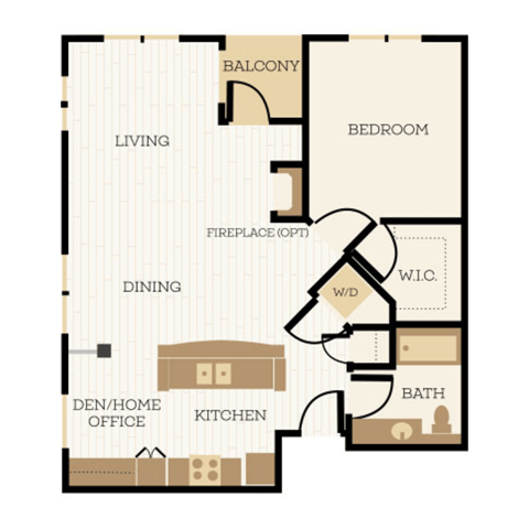 Floor plan for 1 bed, 1 bath, 909 sqft
